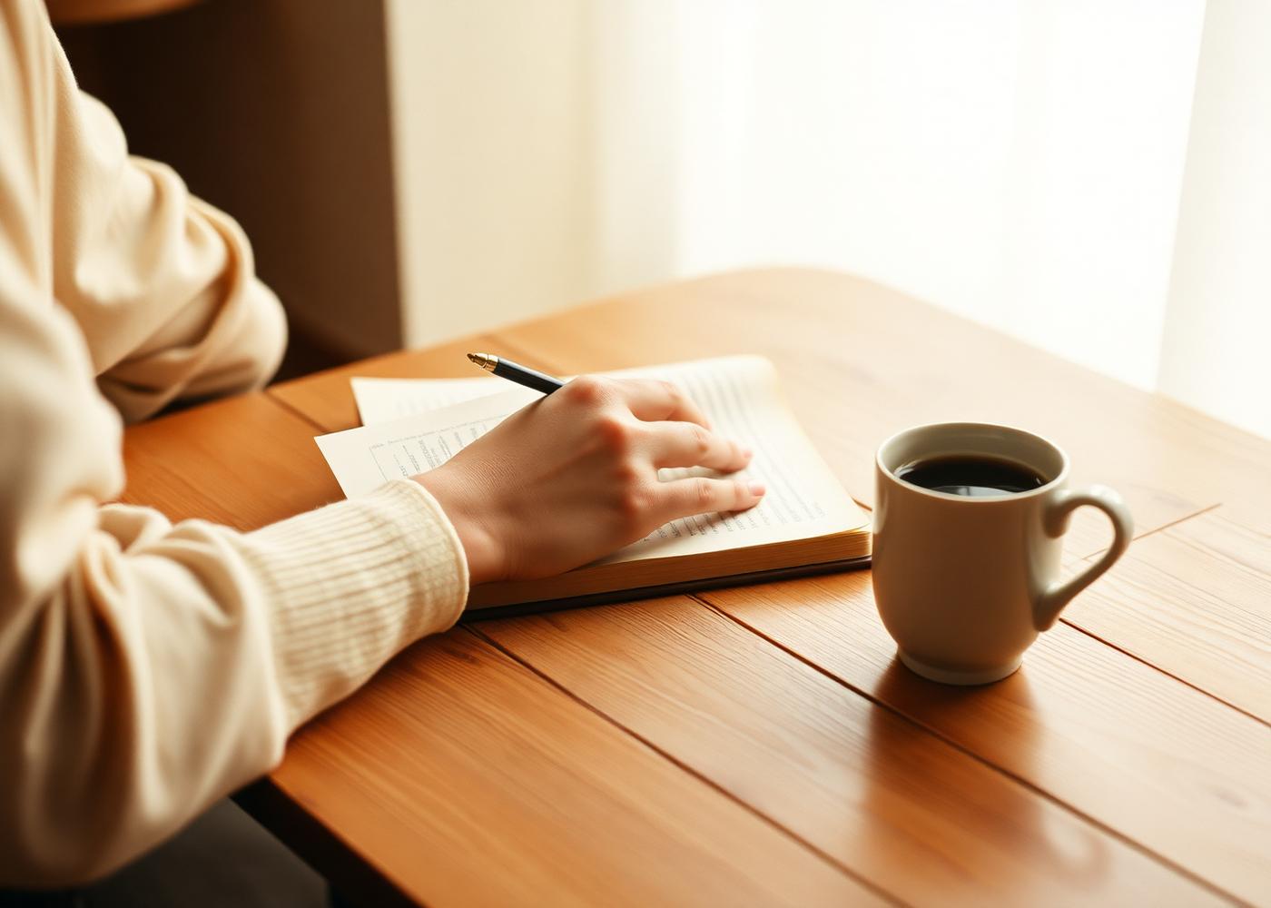 An author writing in a notebook beside a cup of coffee.